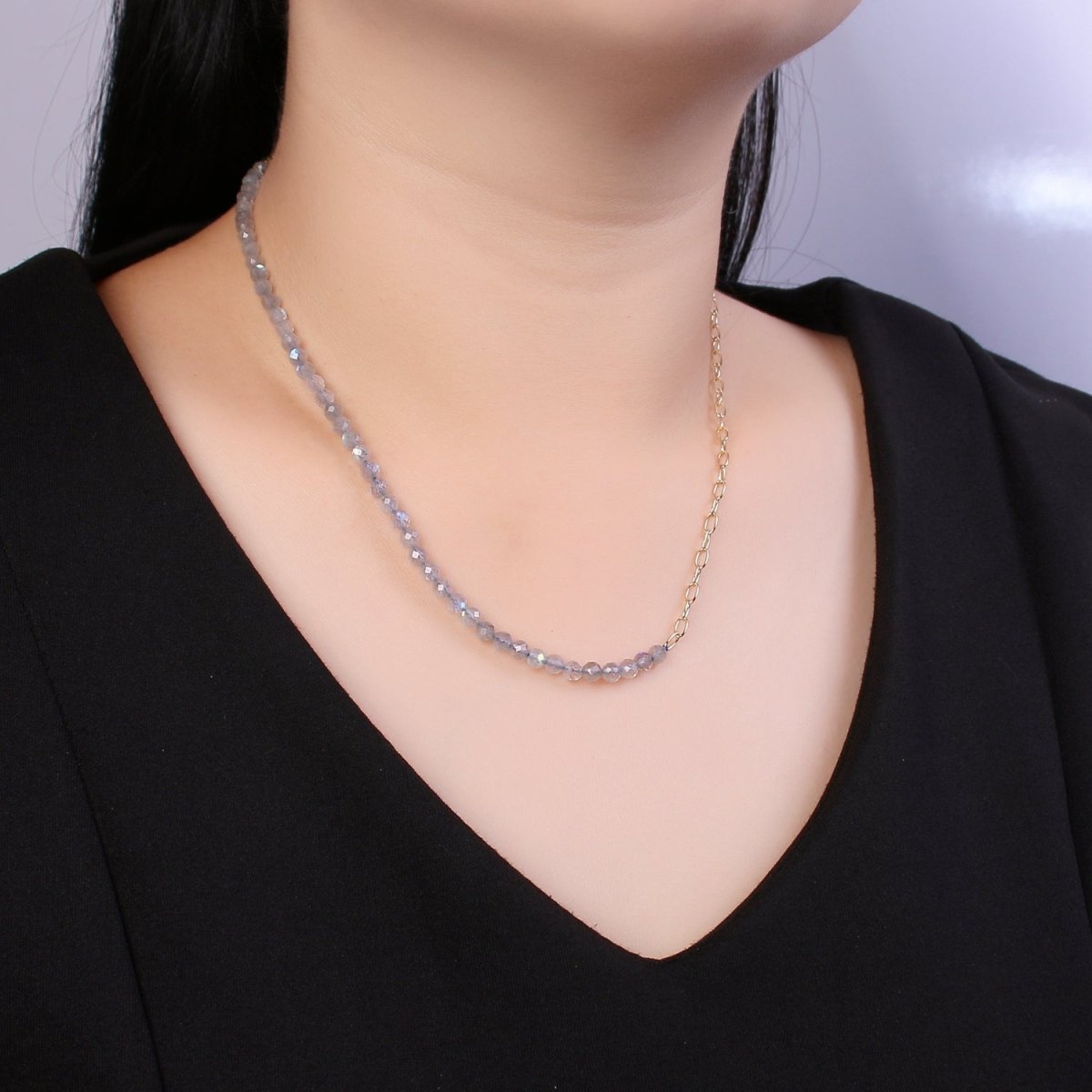 Mixed Chain Necklace, Fused Labradorite Beads necklace w/ 14k Gold Filled Necklace, Cable Link Chain Necklace, Unique Dainty Necklace | WA-030 Clearance Pricing