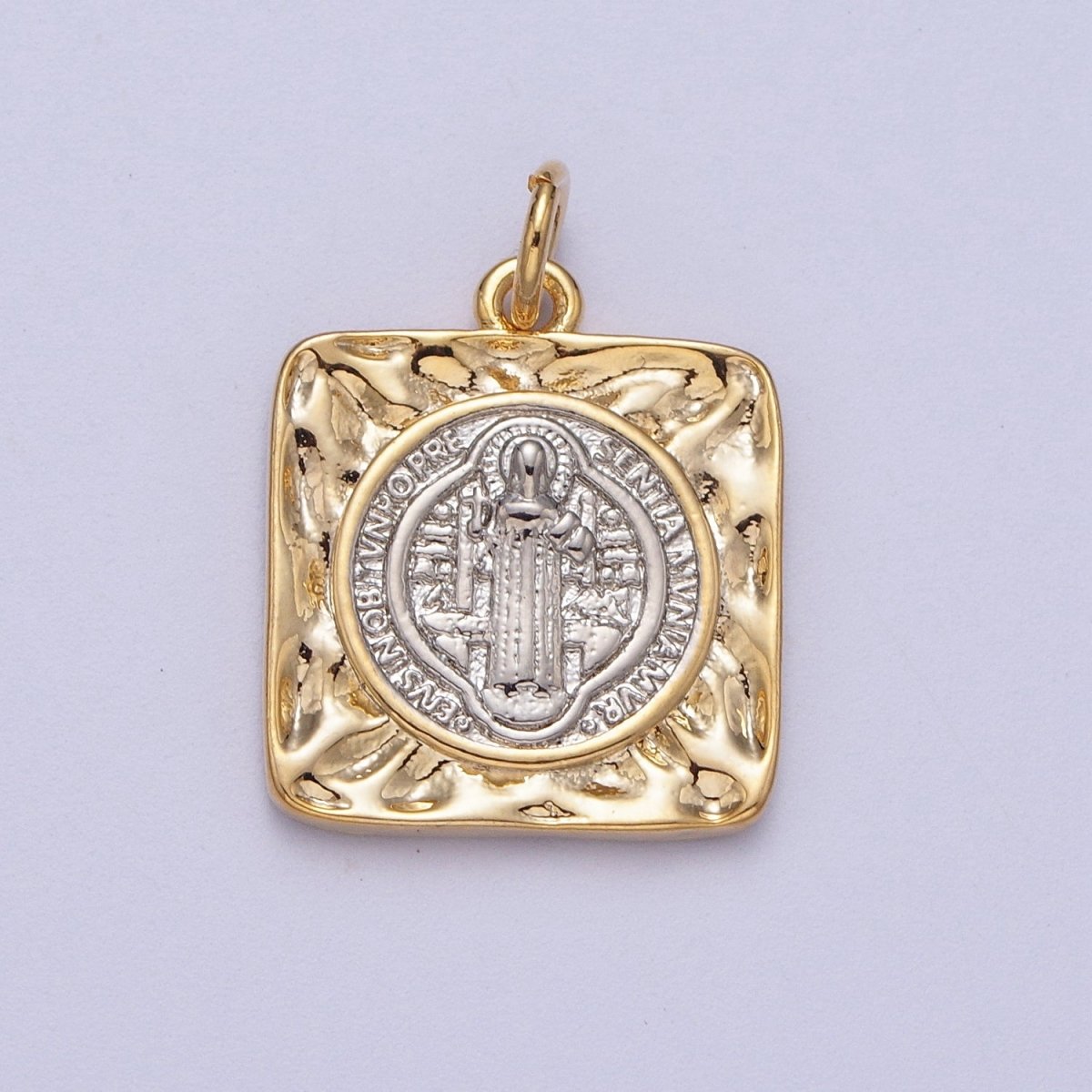 Mixed Metal Double Sided Saint Benedict SMQLIVB PAX VRSNSMV Hammered Square Charm | AC025 - DLUXCA