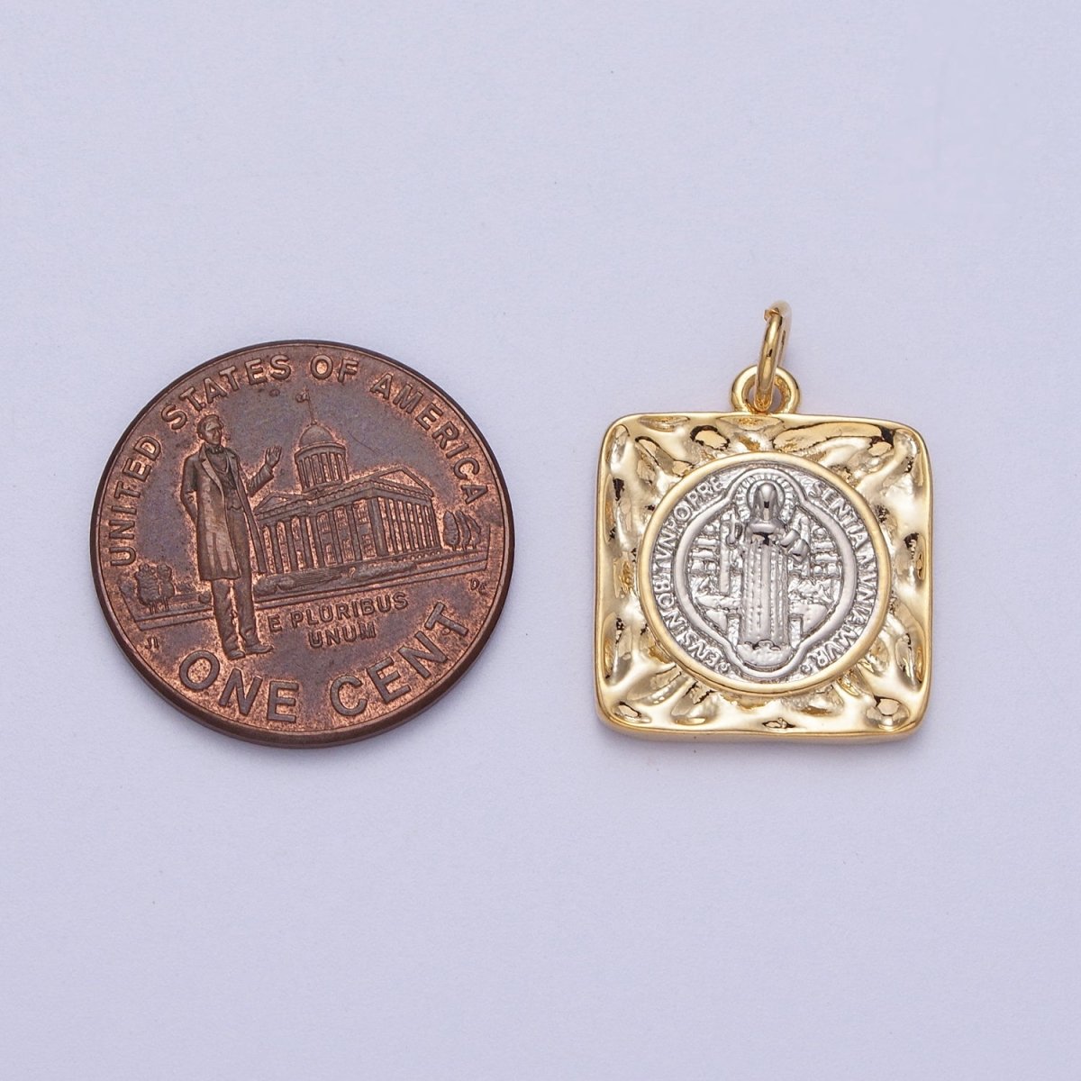 Mixed Metal Double Sided Saint Benedict SMQLIVB PAX VRSNSMV Hammered Square Charm | AC025 - DLUXCA