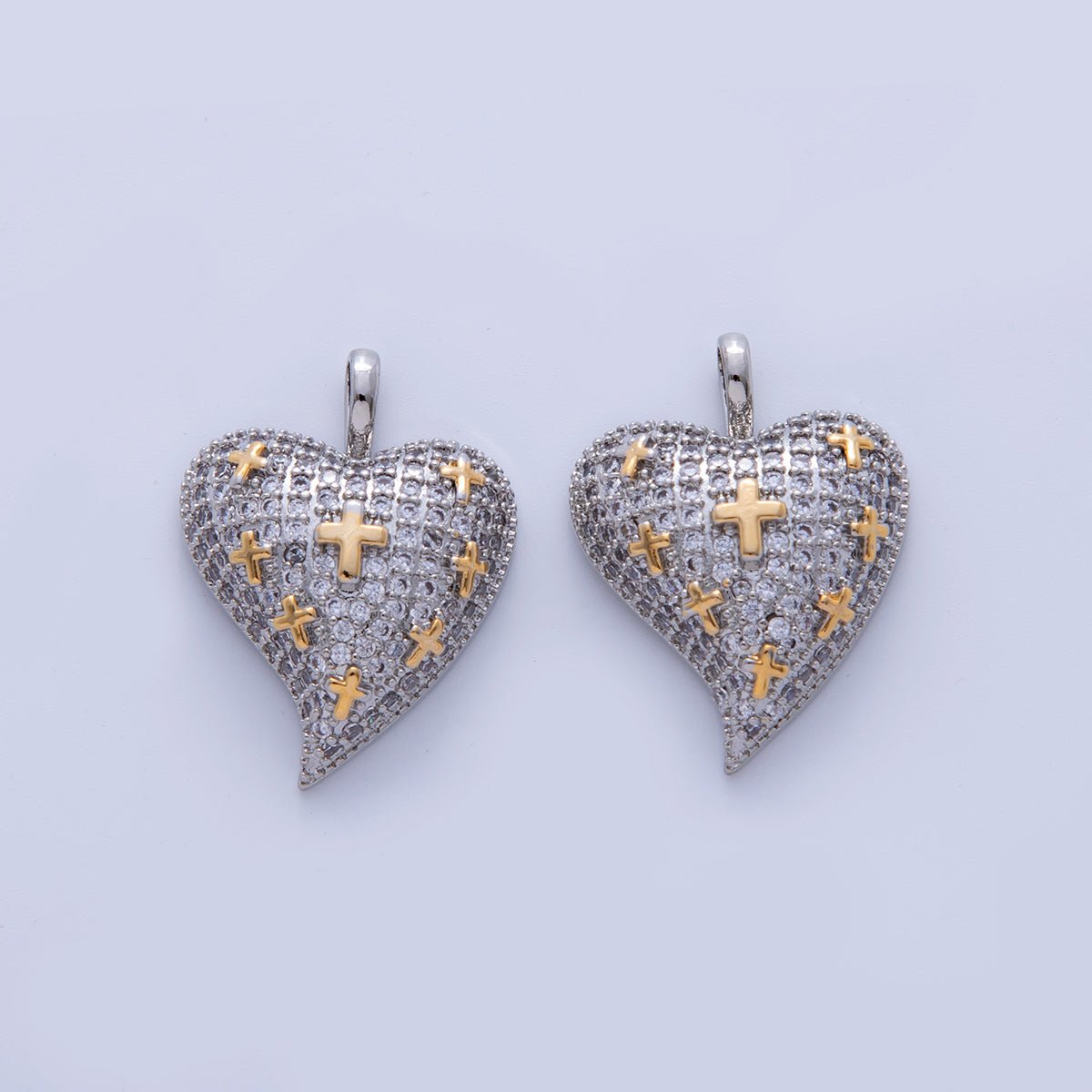 Mixed Metal Micro Paved CZ Cross Heart Chubby Pendant | AH718 - DLUXCA