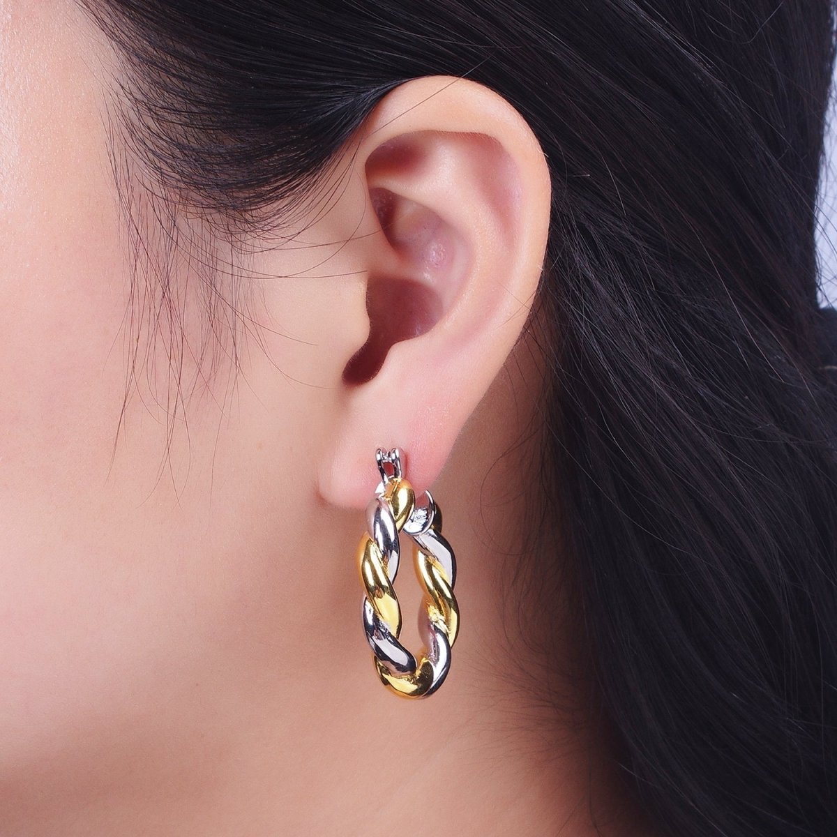 Mixed Metal Silver & Gold Twisted Chunky Two Tone Croissant Hoops Statement Earrings Gift For Her | AE-1084 AE-1085 AE-1086