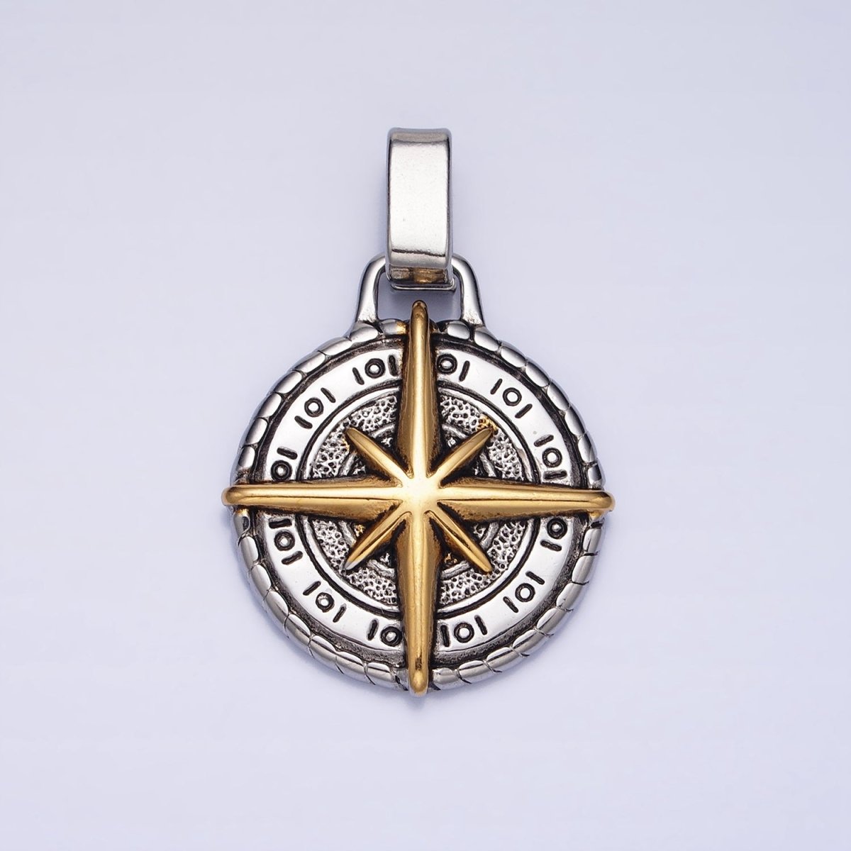 Mixed Metal, Silver Stainless Steel North Star Compass Round Pendant | P-1091 P-1092