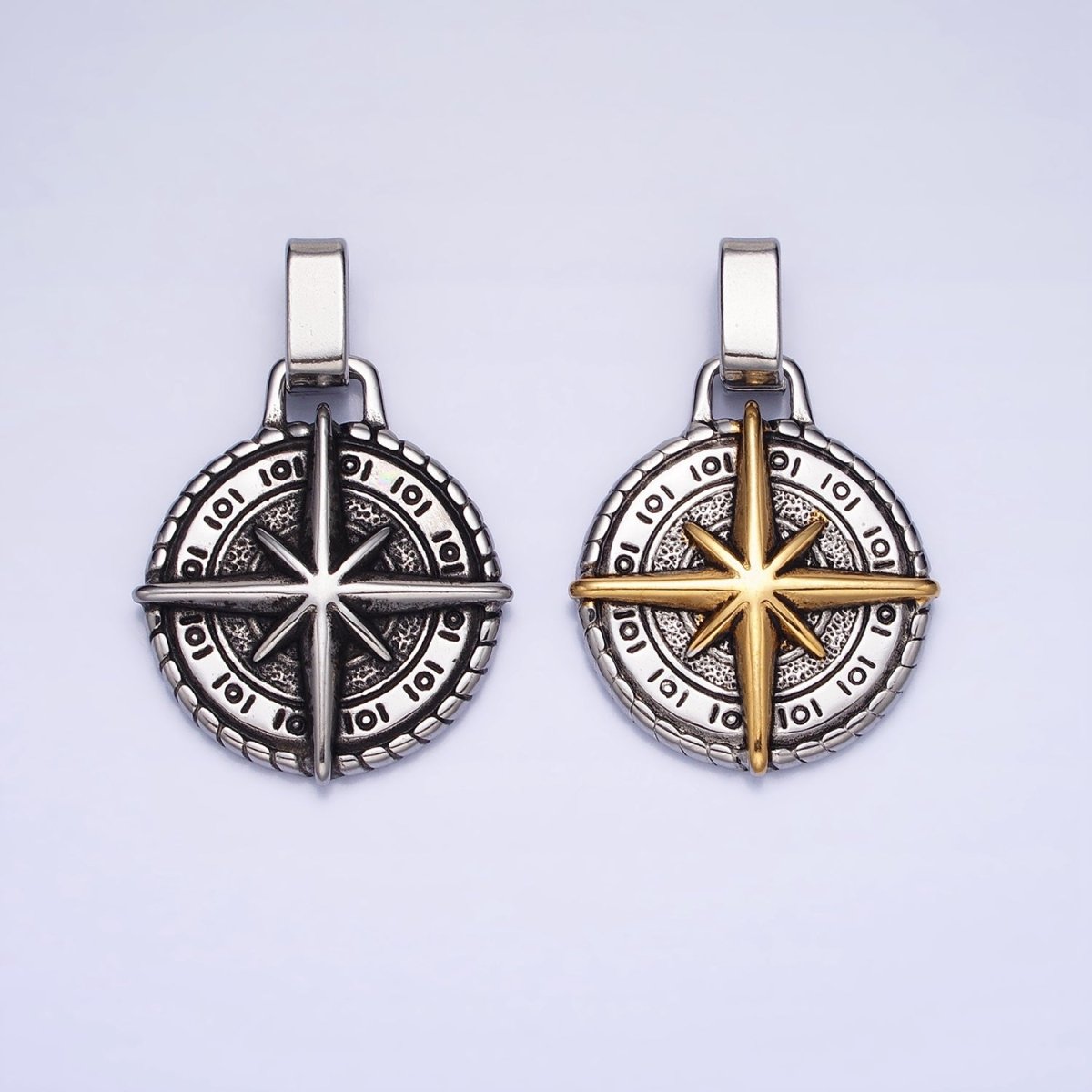 Mixed Metal, Silver Stainless Steel North Star Compass Round Pendant | P-1091 P-1092