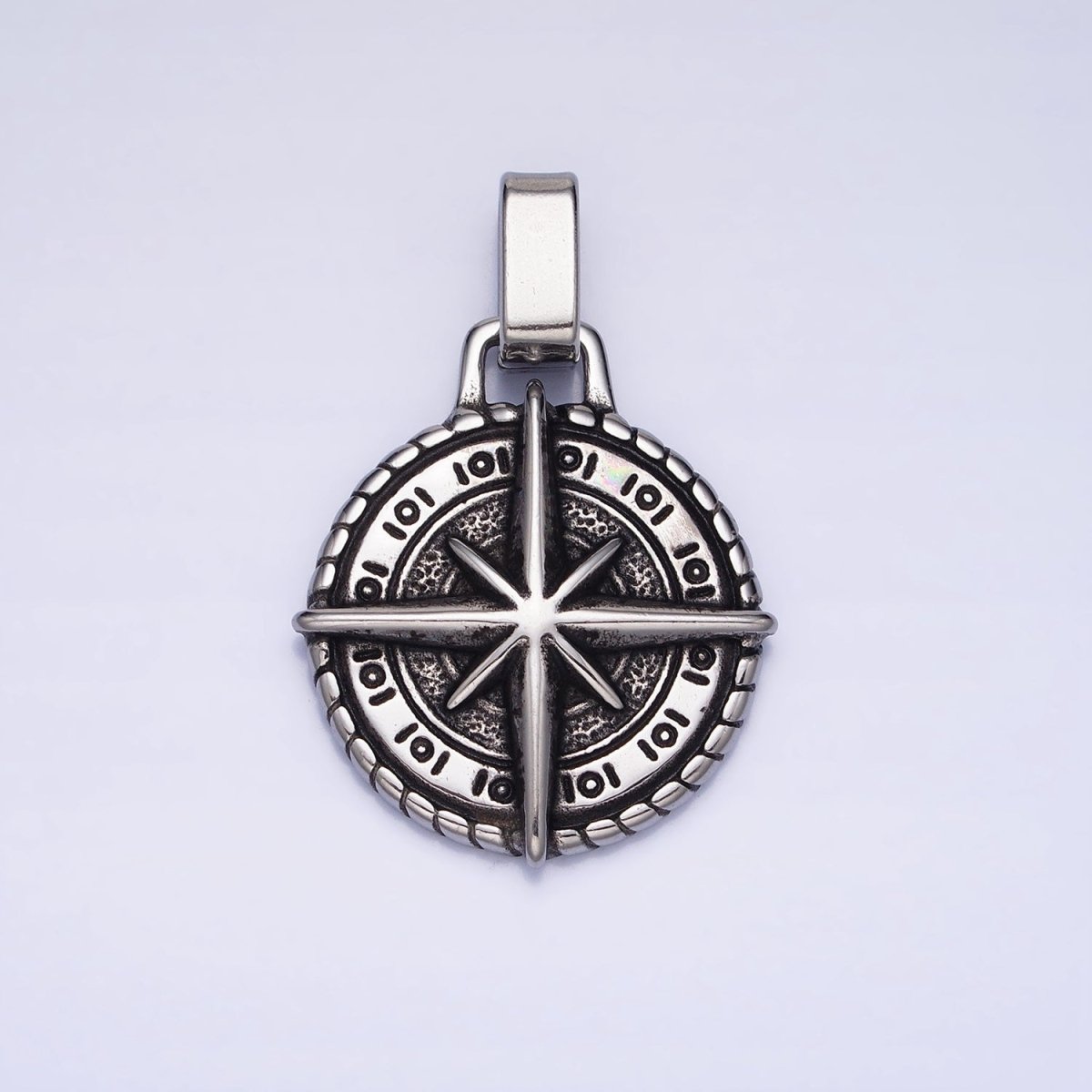Mixed Metal, Silver Stainless Steel North Star Compass Round Pendant | P-1091 P-1092
