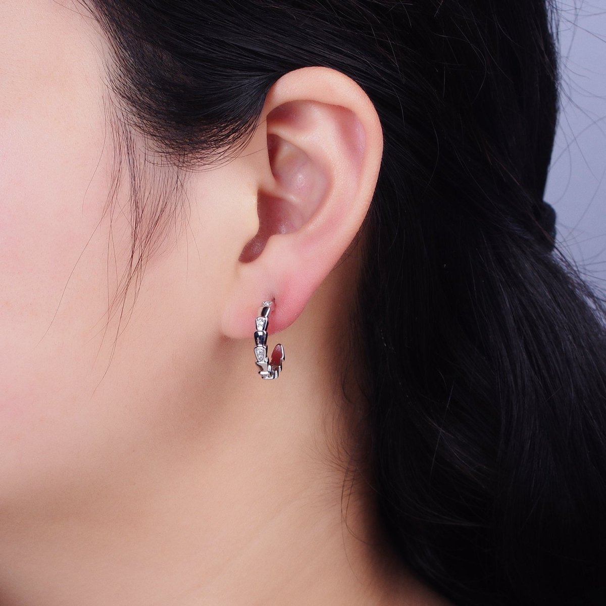 Modern Gold Hoop Earring With Cz Stone Silver Lizard Tail Design AB643 AB644