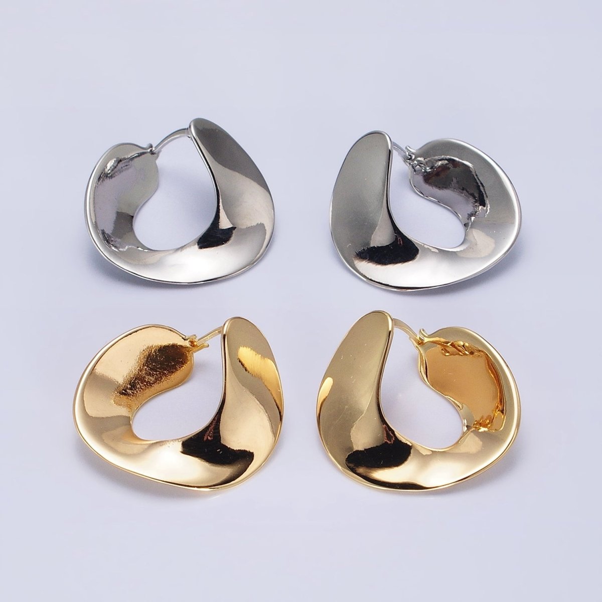 Modern Gold, Silver Geometric Abstract Spiral Wide Thin Band Hoop Geometric Earrings | AB639 AB640