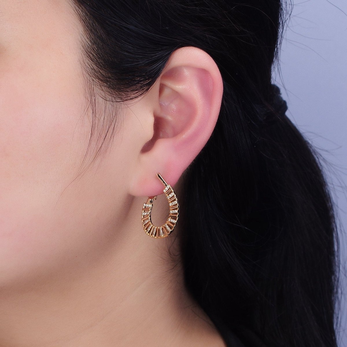 Modern Hoop 16K Gold Filled Flat Thin Bar Micro Paved CZ Front-Facing Hinge Hoop Earrings in Gold & Silver | AD1098 AD1099