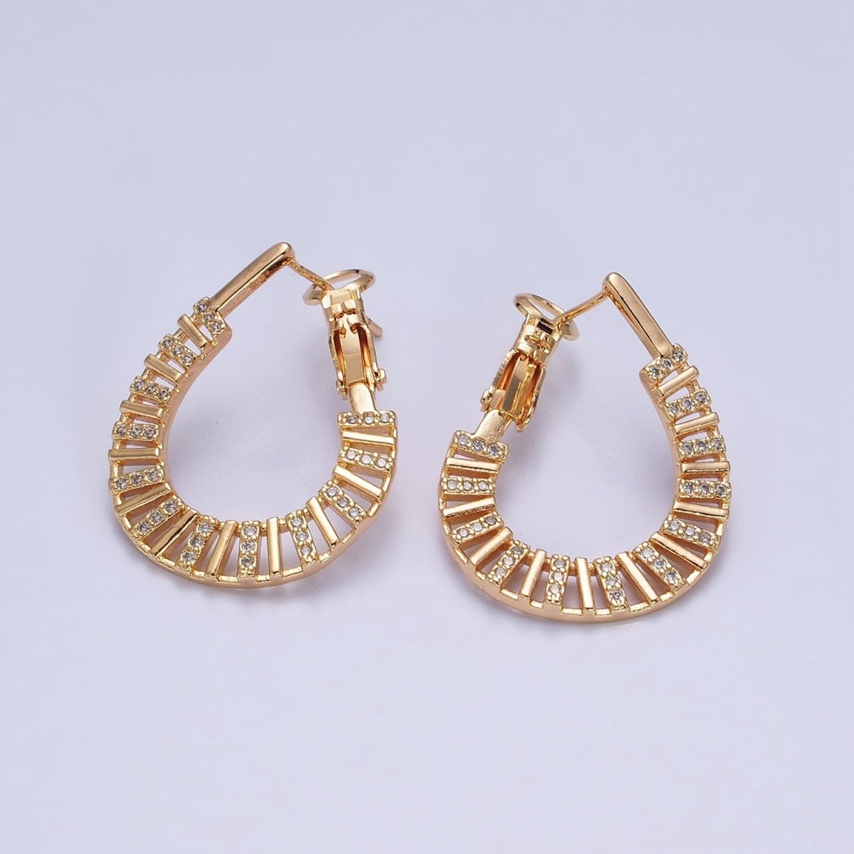 Modern Hoop 16K Gold Filled Flat Thin Bar Micro Paved CZ Front-Facing Hinge Hoop Earrings in Gold & Silver | AD1098 AD1099