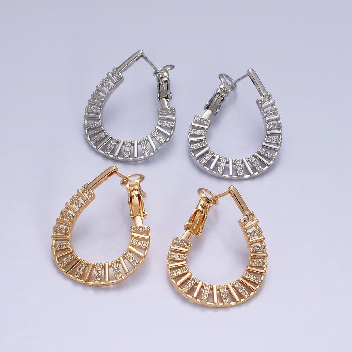 Modern Hoop 16K Gold Filled Flat Thin Bar Micro Paved CZ Front-Facing Hinge Hoop Earrings in Gold & Silver | AD1098 AD1099