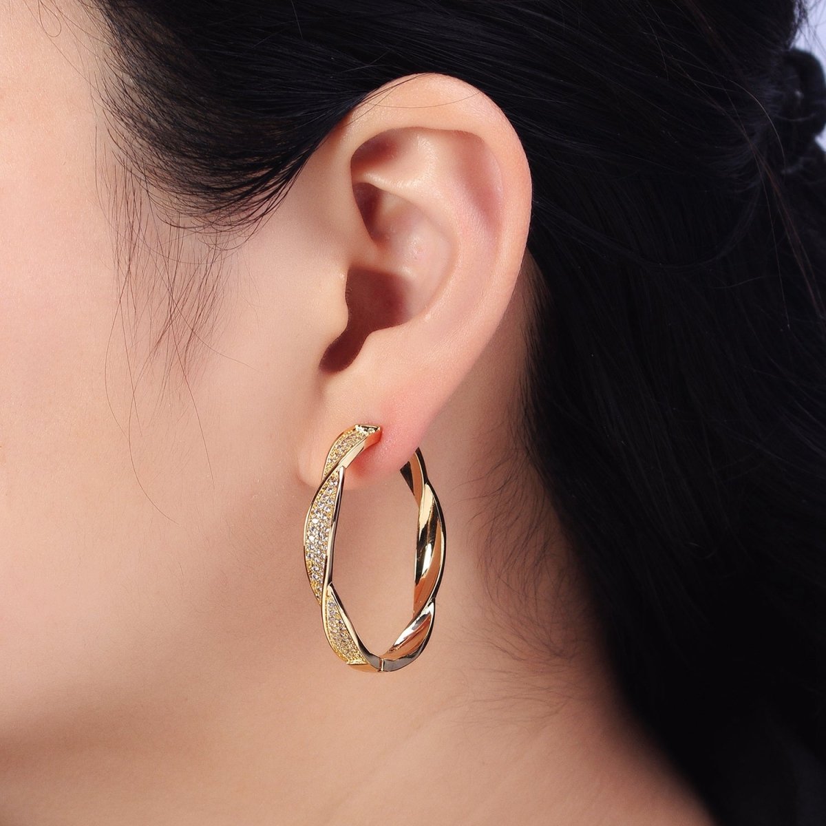 Modern Hoop Earring with Micro Pave Cz Twist Hoop in Gold Filled AB521 AB525