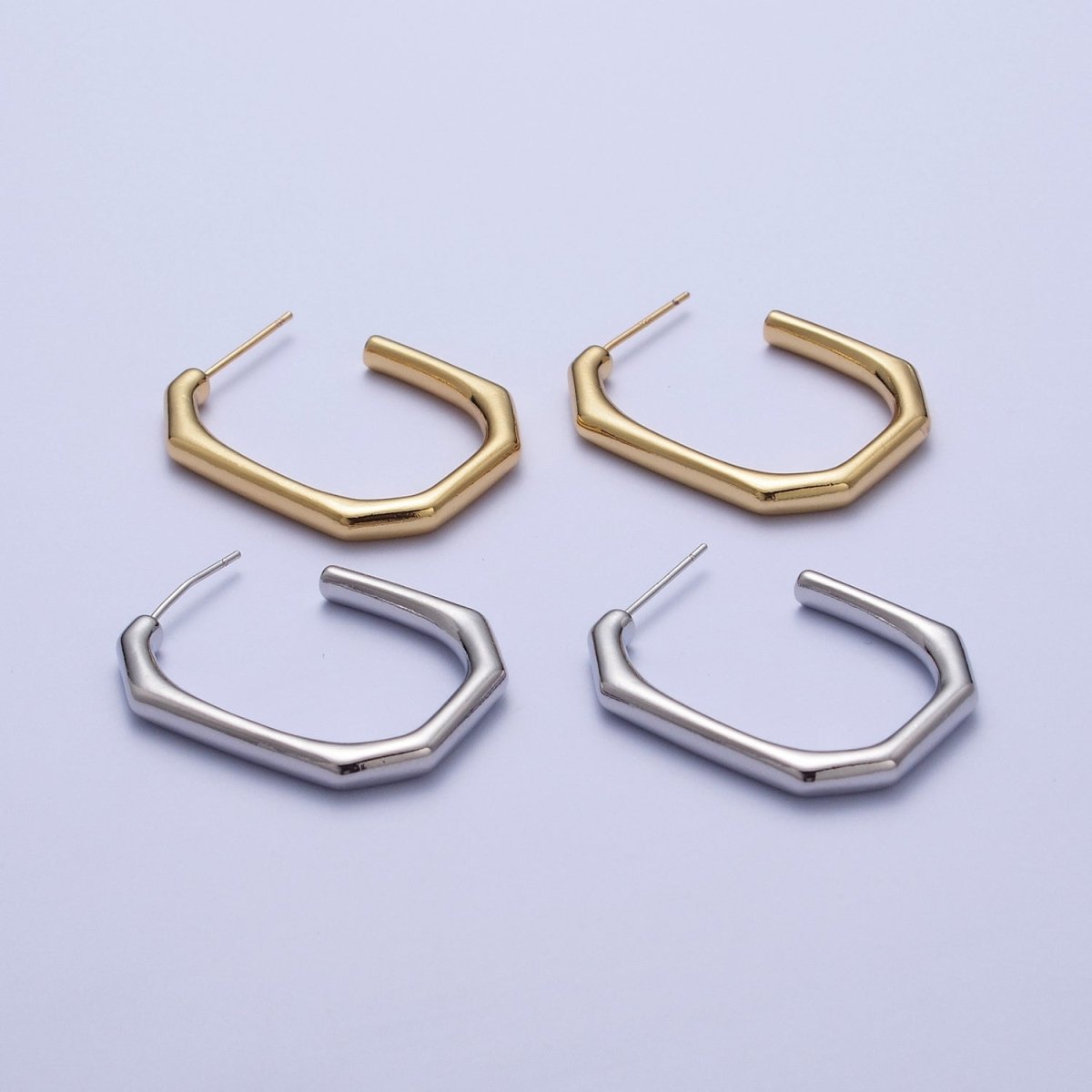 Modern Minimalist Geometric Hexagonal Post Studs J Shaped Hoops Earrings in Gold & Silver | AE1097 AE1098