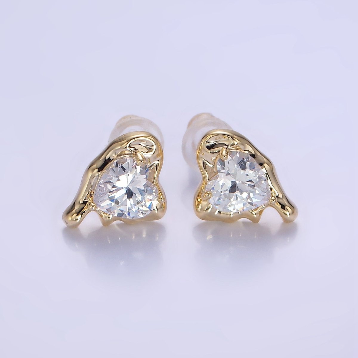 Molten Heart CZ Stud Earrings in Gold & Silver | V506 V507