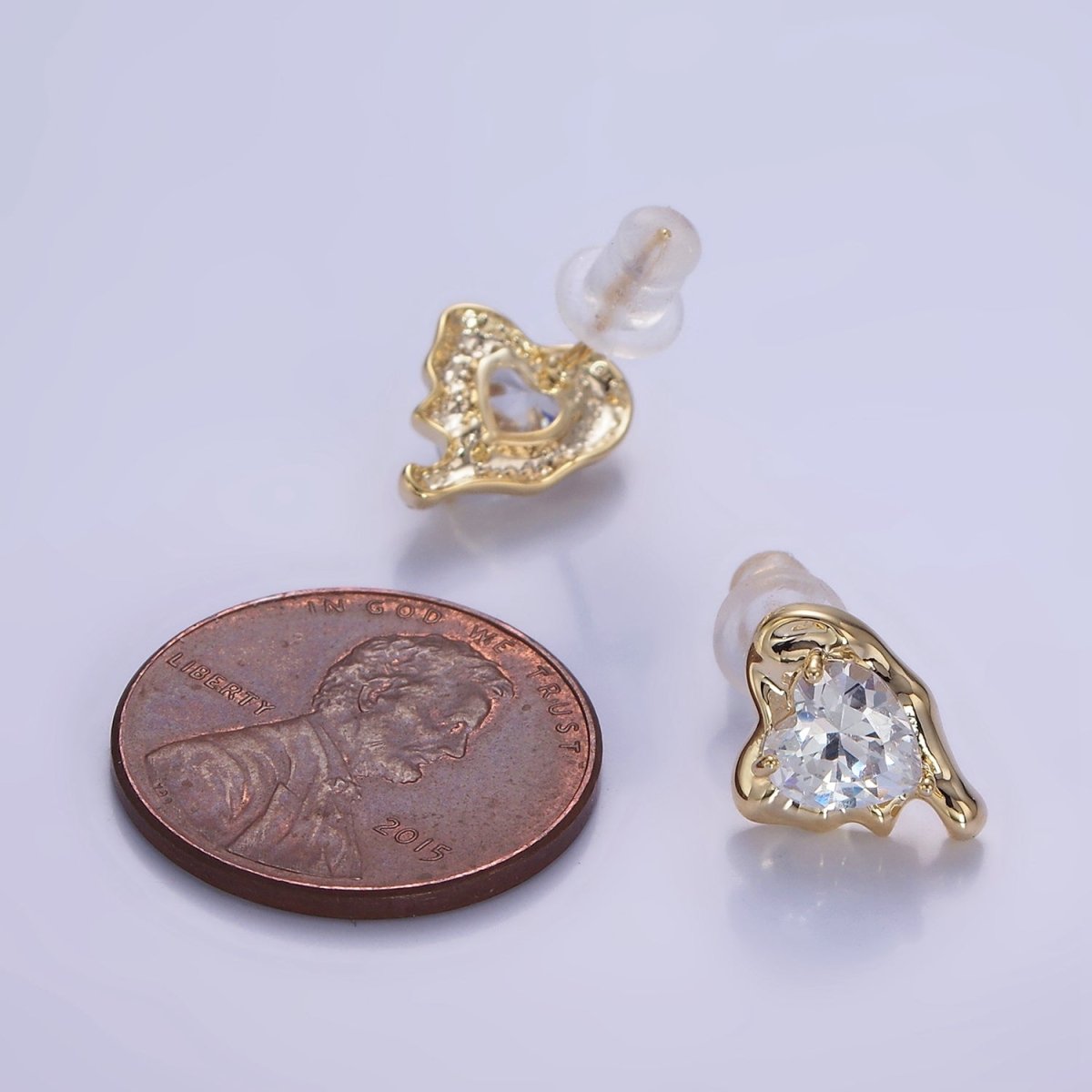 Molten Heart CZ Stud Earrings in Gold & Silver | V506 V507