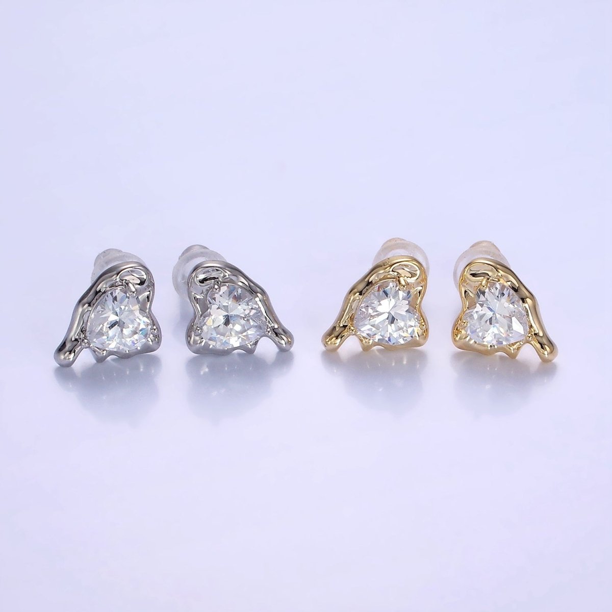 Molten Heart CZ Stud Earrings in Gold & Silver | V506 V507