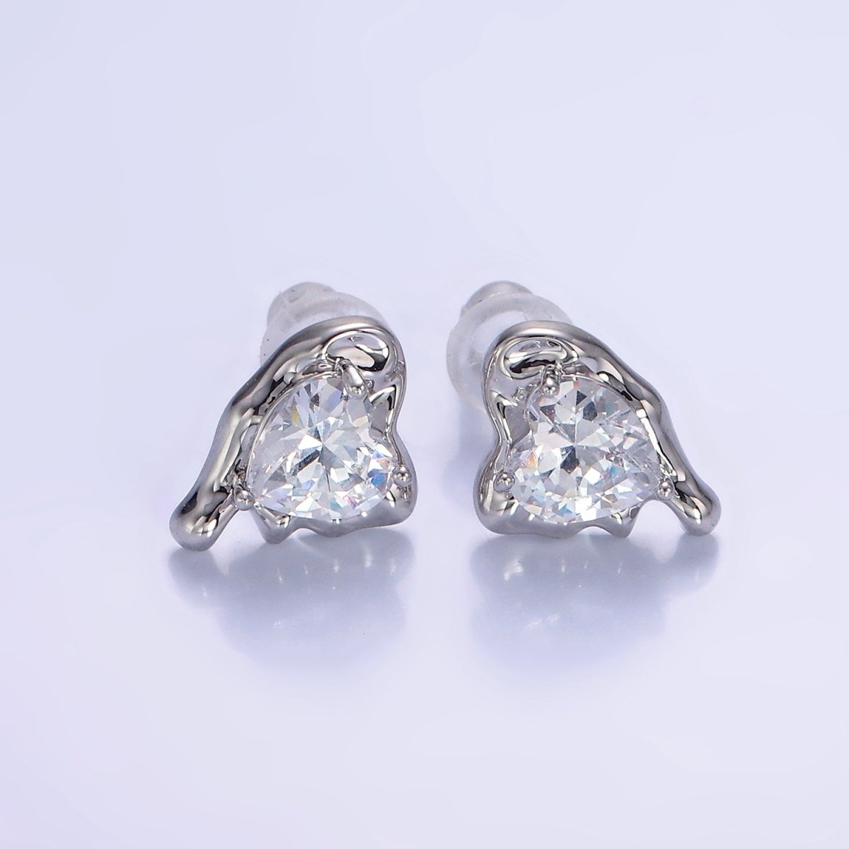 Molten Heart CZ Stud Earrings in Gold & Silver | V506 V507