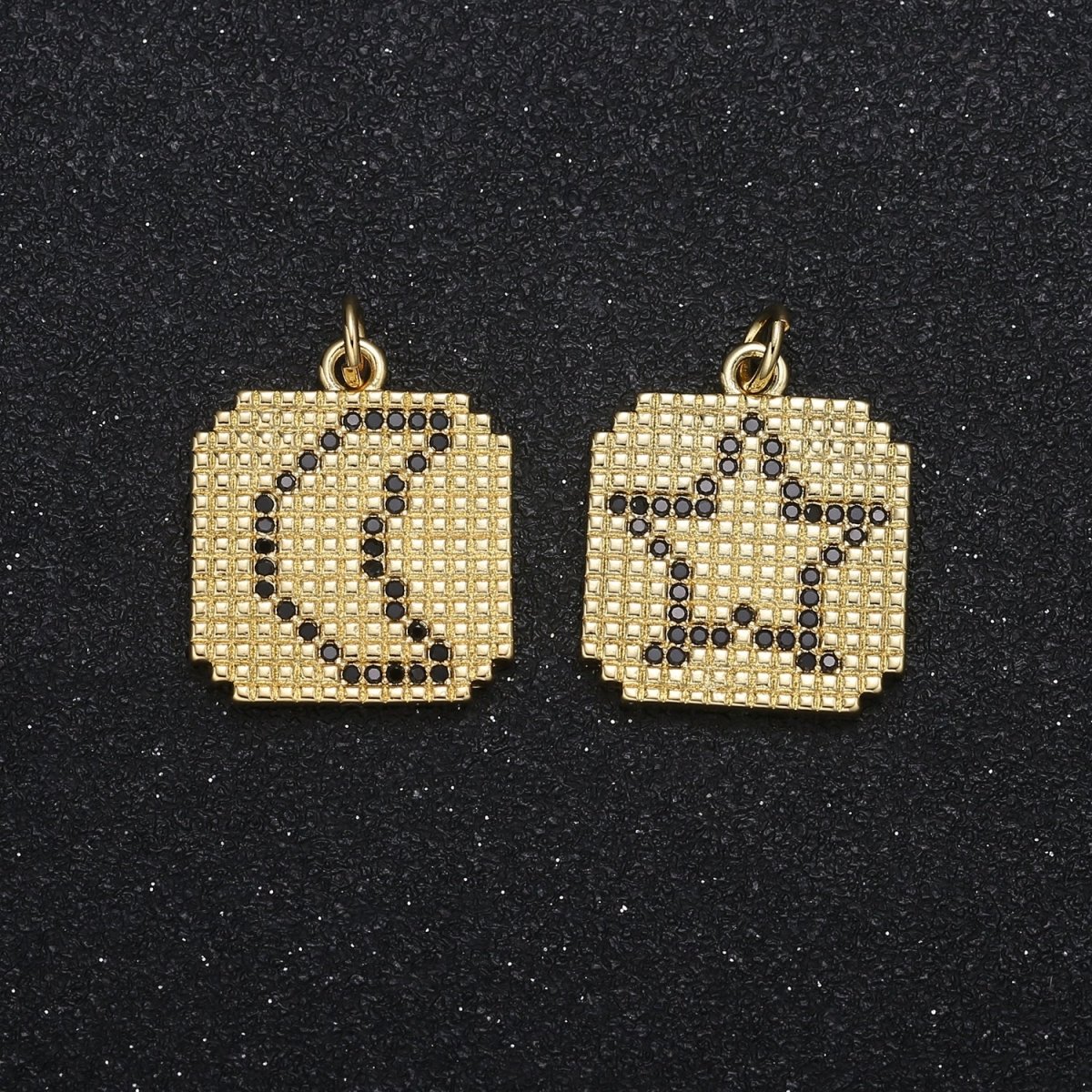 Moon and Star Pixel on Gold Plated Square Coin Charm CZ Sky Nature Micro Pave Charm Pendant GP-055