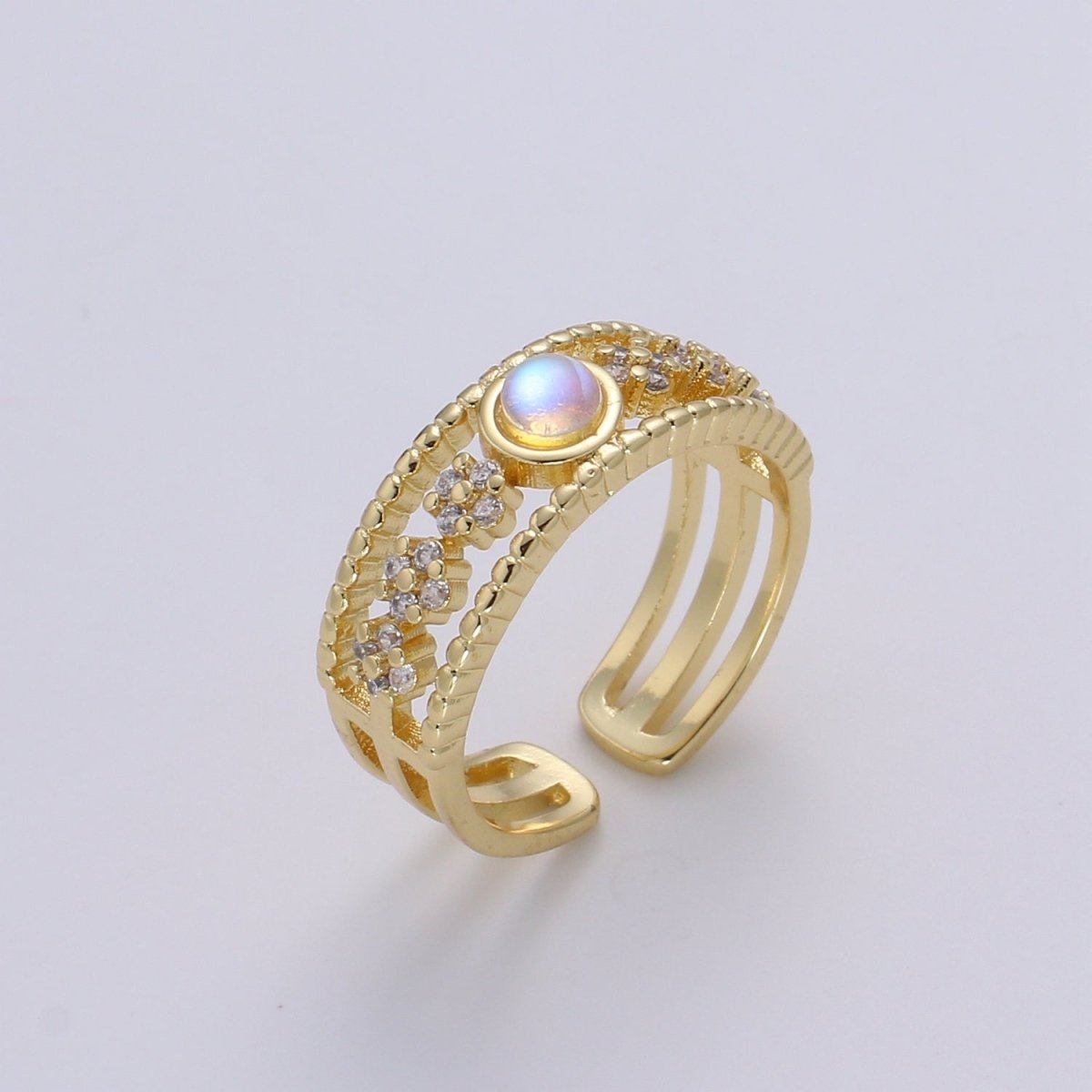 Moonstone Ring 24K Gold Ring, Cubic Zirconia Adjustable Gold Ring, Simple Ring, Sun Celestial Clear Cubic Zirconia Ring R531