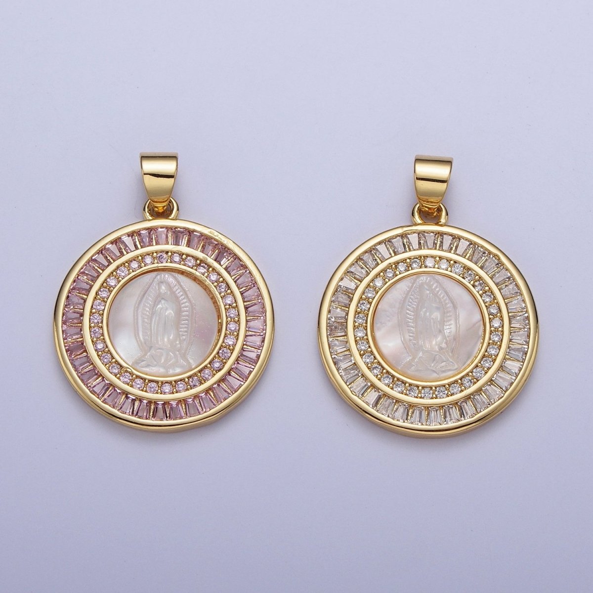 Mother of Pearl Miraculous Virgin Mary Micro Paved Clear/Pink Baguette Lined Round Medallion For Religious Jewelry | X-507 X-508
