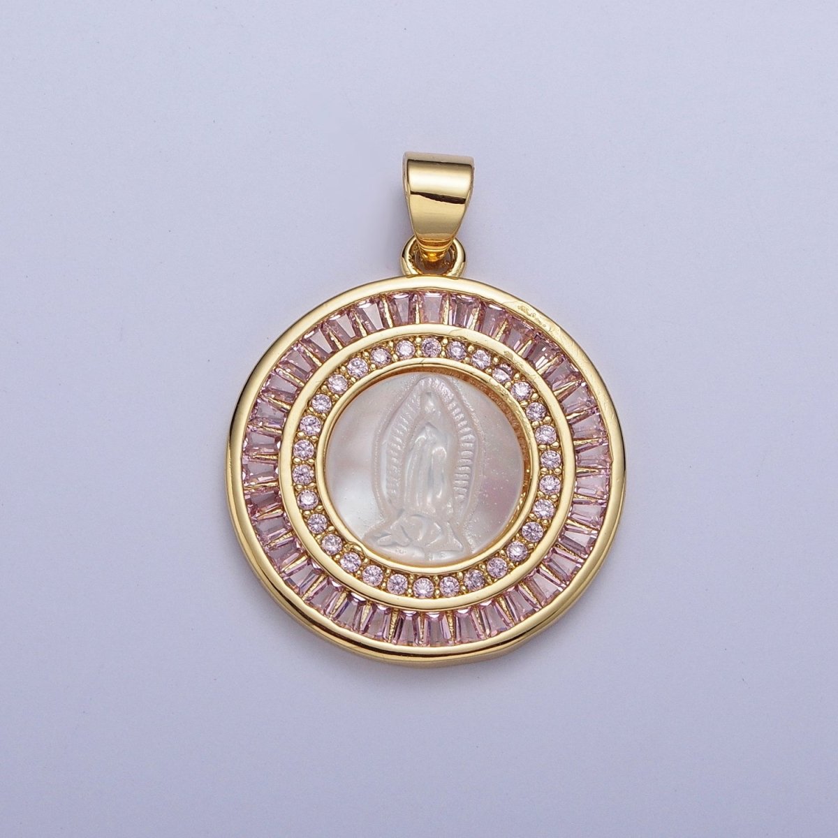 Mother of Pearl Miraculous Virgin Mary Micro Paved Clear/Pink Baguette Lined Round Medallion For Religious Jewelry | X-507 X-508