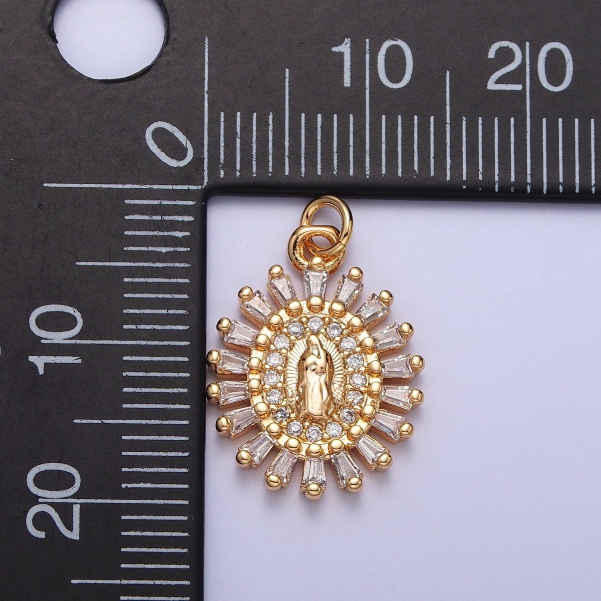 Mother Virgin Mary Beaded Baguette Beam Micro Paved Clear CZ Oval Charm in Gold & Silver | AC-262 AC-263