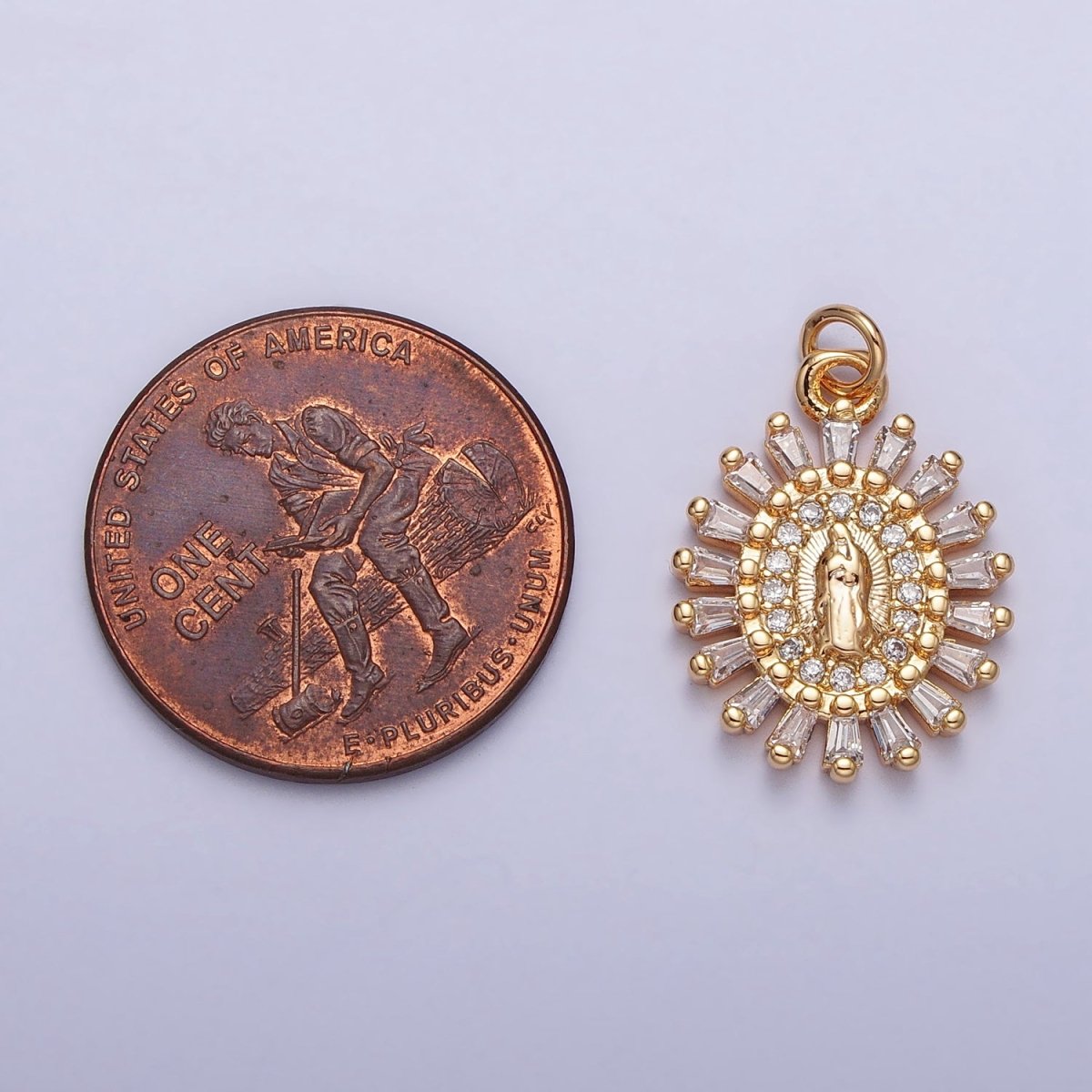 Mother Virgin Mary Beaded Baguette Beam Micro Paved Clear CZ Oval Charm in Gold & Silver | AC-262 AC-263