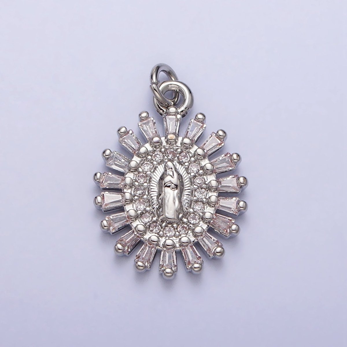 Mother Virgin Mary Beaded Baguette Beam Micro Paved Clear CZ Oval Charm in Gold & Silver | AC-262 AC-263