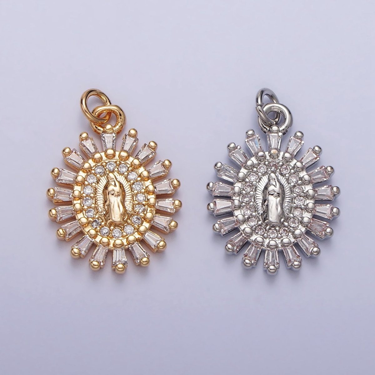 Mother Virgin Mary Beaded Baguette Beam Micro Paved Clear CZ Oval Charm in Gold & Silver | AC-262 AC-263