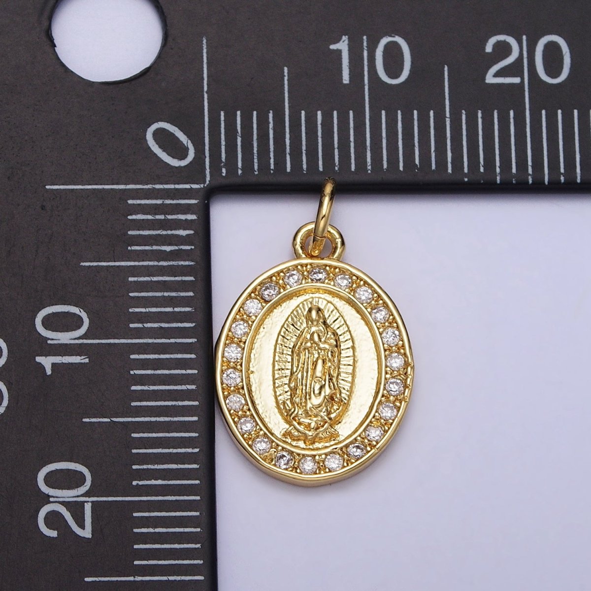 Mother Virgin Mary Clear CZ Lined Paved Religious Oval Gold Add-On Charm | AC206