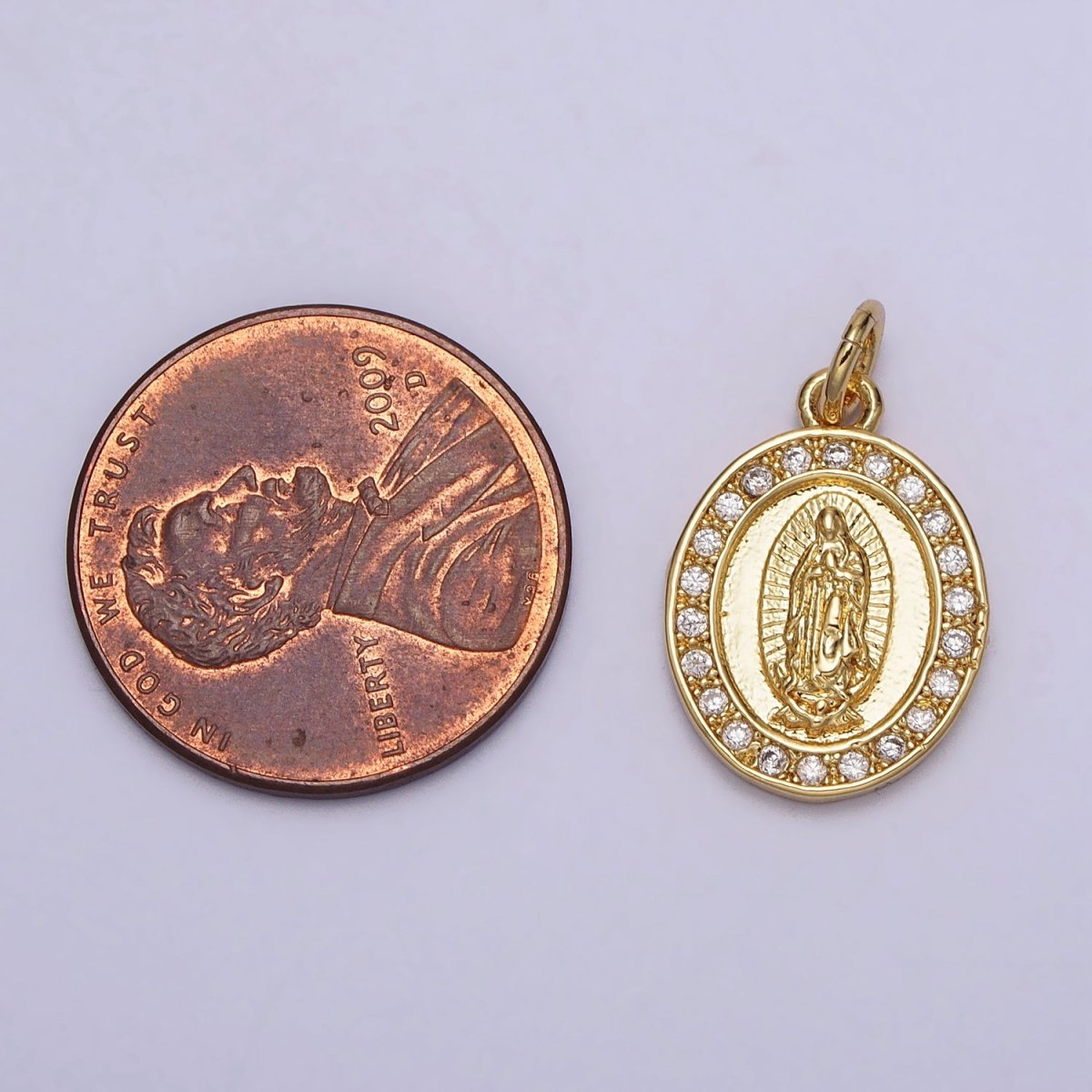 Mother Virgin Mary Clear CZ Lined Paved Religious Oval Gold Add-On Charm | AC206