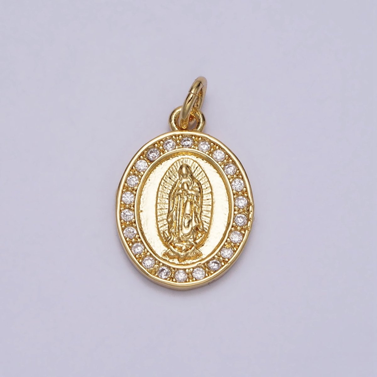 Mother Virgin Mary Clear CZ Lined Paved Religious Oval Gold Add-On Charm | AC206