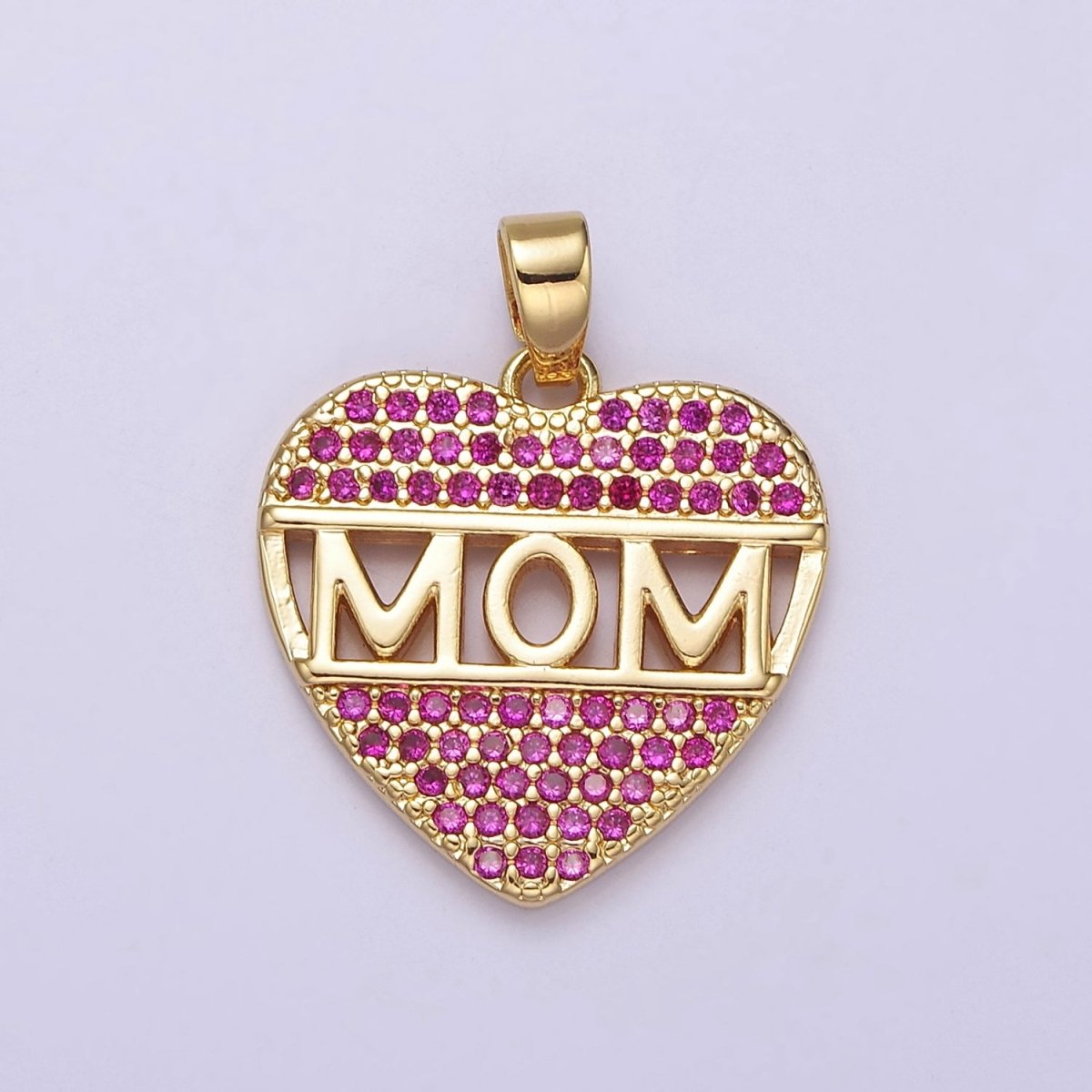 Mother's Day heart shaped Pendant CZ Pink charm Mom Script in 18k Gold Filled for DIY jewelry J-387 - DLUXCA