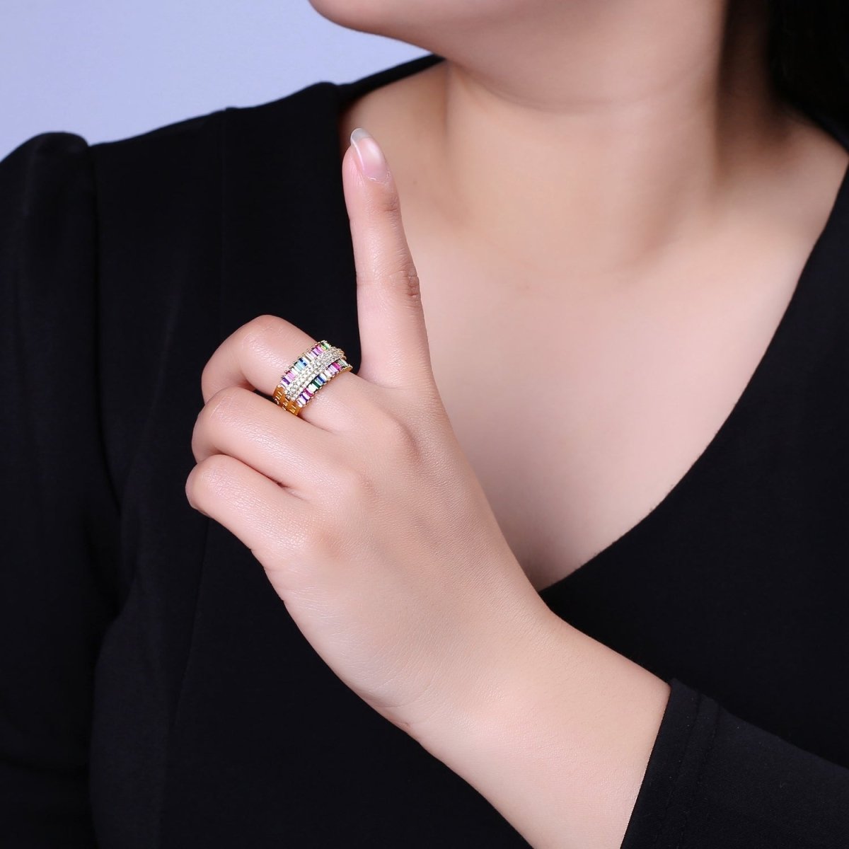 Multi Color Cubic Zirconia Rainbow Ring CZ Baguette Settings For Wholesale Jewelry S-471 - DLUXCA