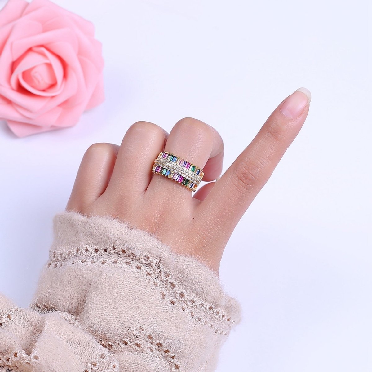 Multi Color Cubic Zirconia Rainbow Ring CZ Baguette Settings For Wholesale Jewelry S-471 - DLUXCA