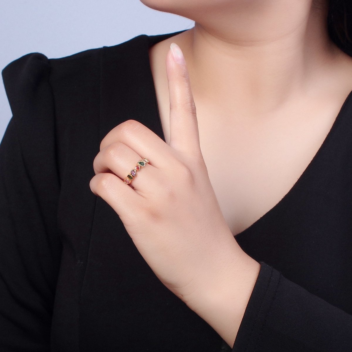 Multi Color CZ Ring Geometric Ring Open Adjustable O-749