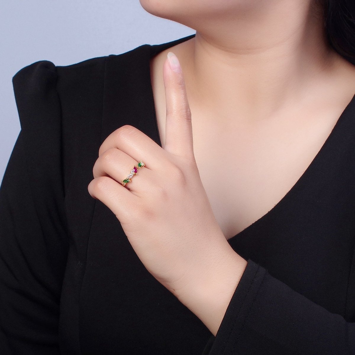 Multi Color CZ Stone Ring Thin Dainty Ring Open Adjustable Band O-759