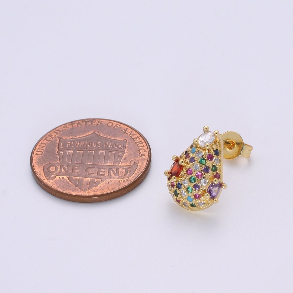 Multi Color Gold Tiny Stud Earrings - Rainbow Micro Pave Studs - Dainty CZ Studs 10mm Tear Drop Crystal Small Stud Earrings Q-311