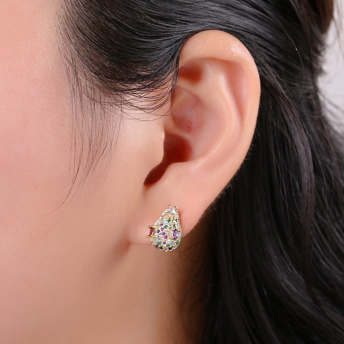 Multi Color Gold Tiny Stud Earrings - Rainbow Micro Pave Studs - Dainty CZ Studs 10mm Tear Drop Crystal Small Stud Earrings Q-311