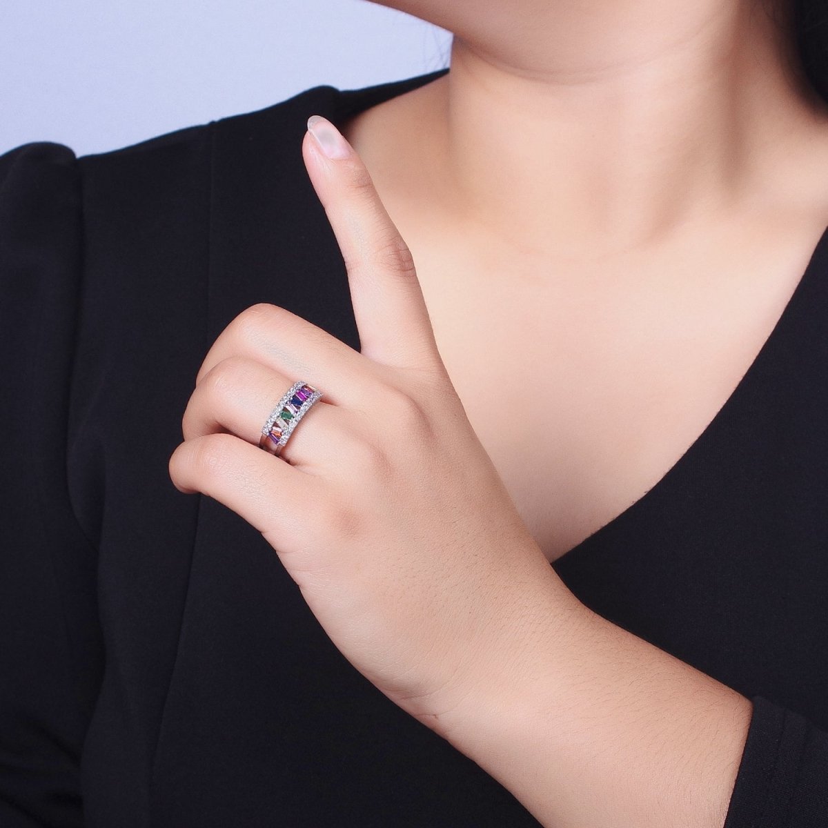 Multicolor Baguette Clear Micro Paved CZ Double Band Ring in Gold & Silver | O-243 O-244