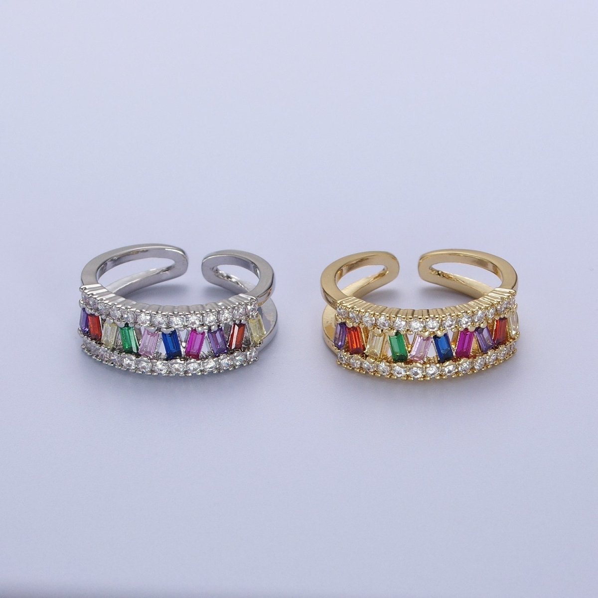 Multicolor Baguette Clear Micro Paved CZ Double Band Ring in Gold & Silver | O-243 O-244