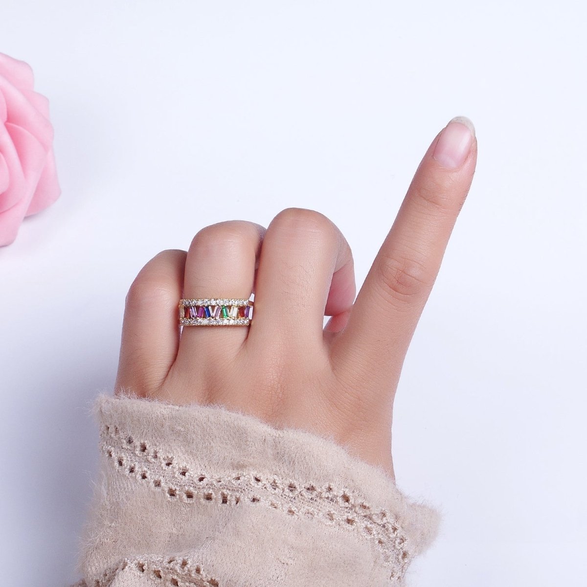 Multicolor Baguette Clear Micro Paved CZ Double Band Ring in Gold & Silver | O-243 O-244