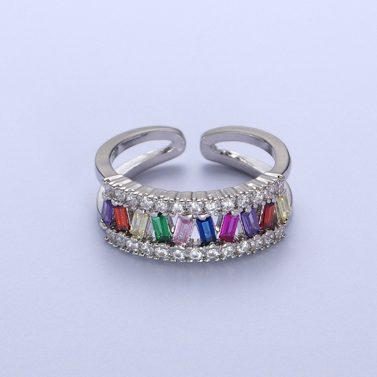 Multicolor Baguette Clear Micro Paved CZ Double Band Ring in Gold & Silver | O-243 O-244