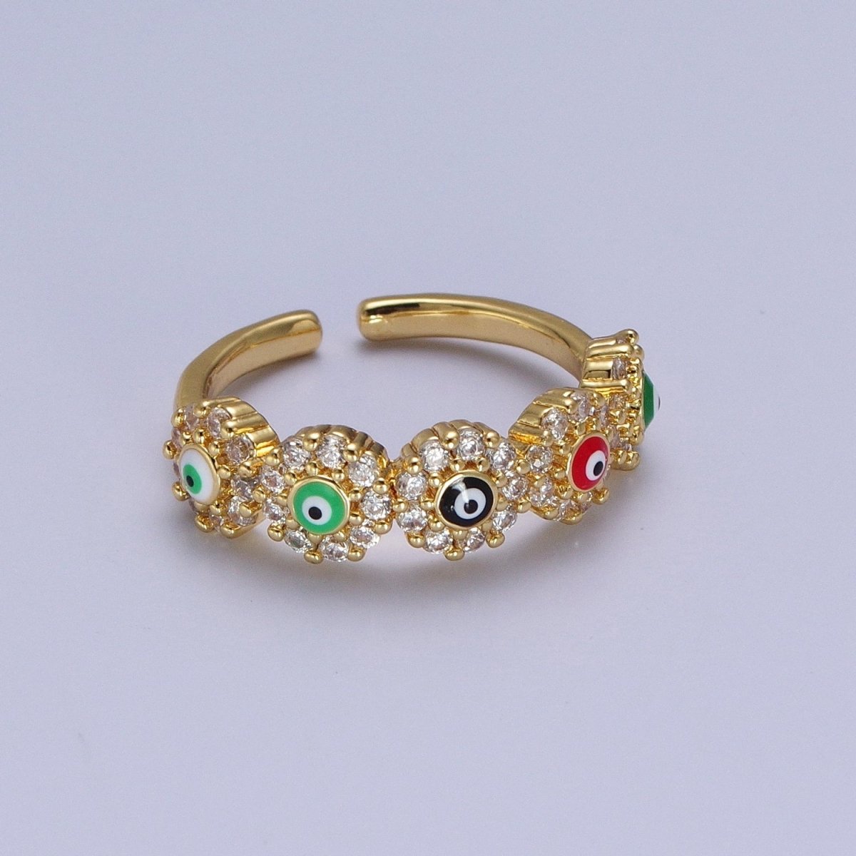 OS Multicolor Evil Eye Enamel Round Micro Paved CZ Gold Ring | O-062