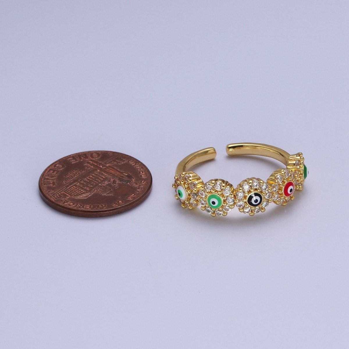 OS Multicolor Evil Eye Enamel Round Micro Paved CZ Gold Ring | O-062