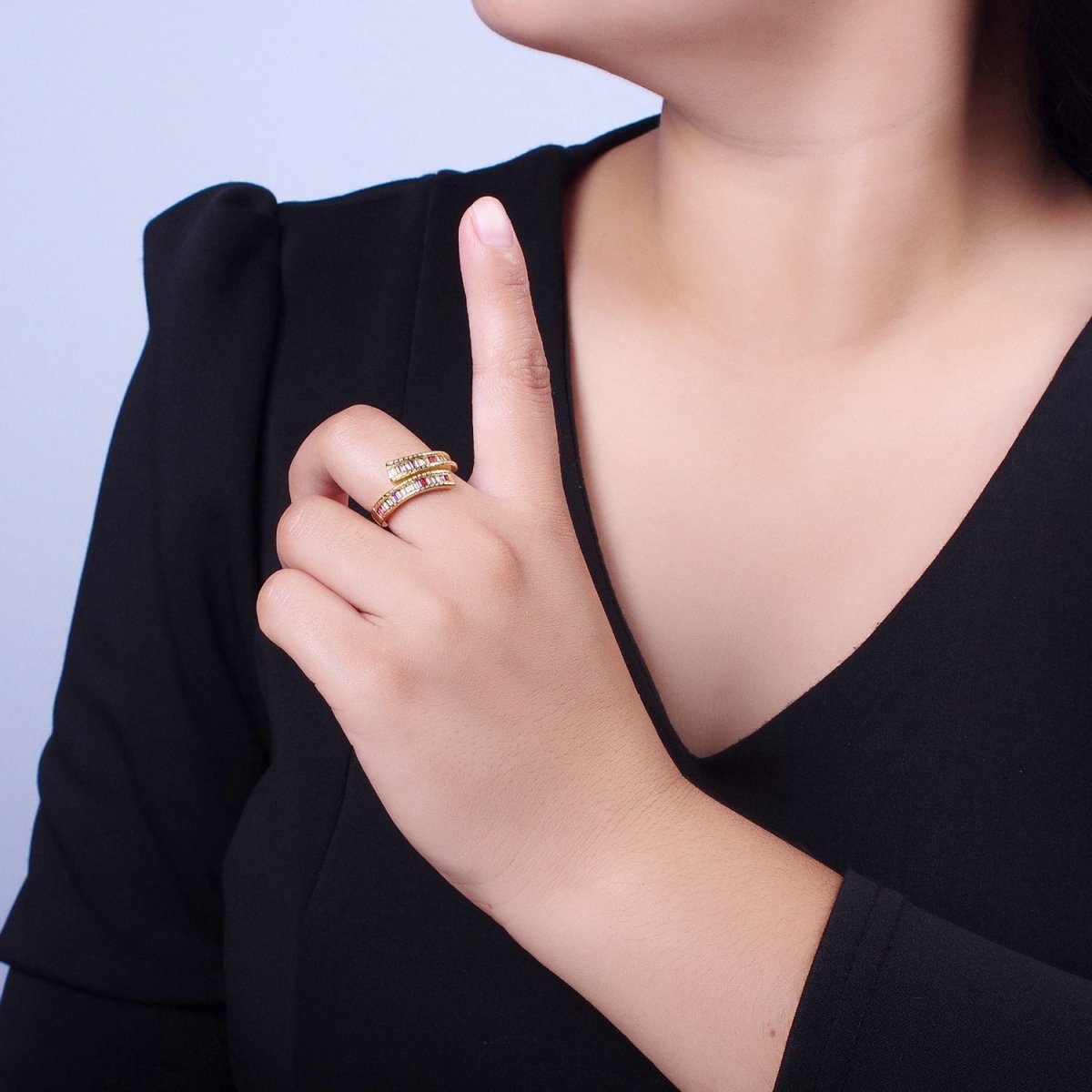 OS Multicolor Multiple Baguette Cubic Zirconia Open Adjustable Ring | O-063