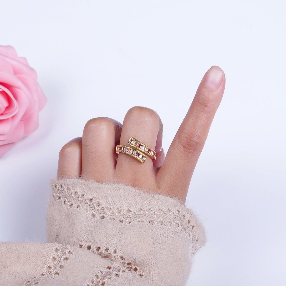 OS Multicolor Multiple Baguette Cubic Zirconia Open Adjustable Ring | O-063