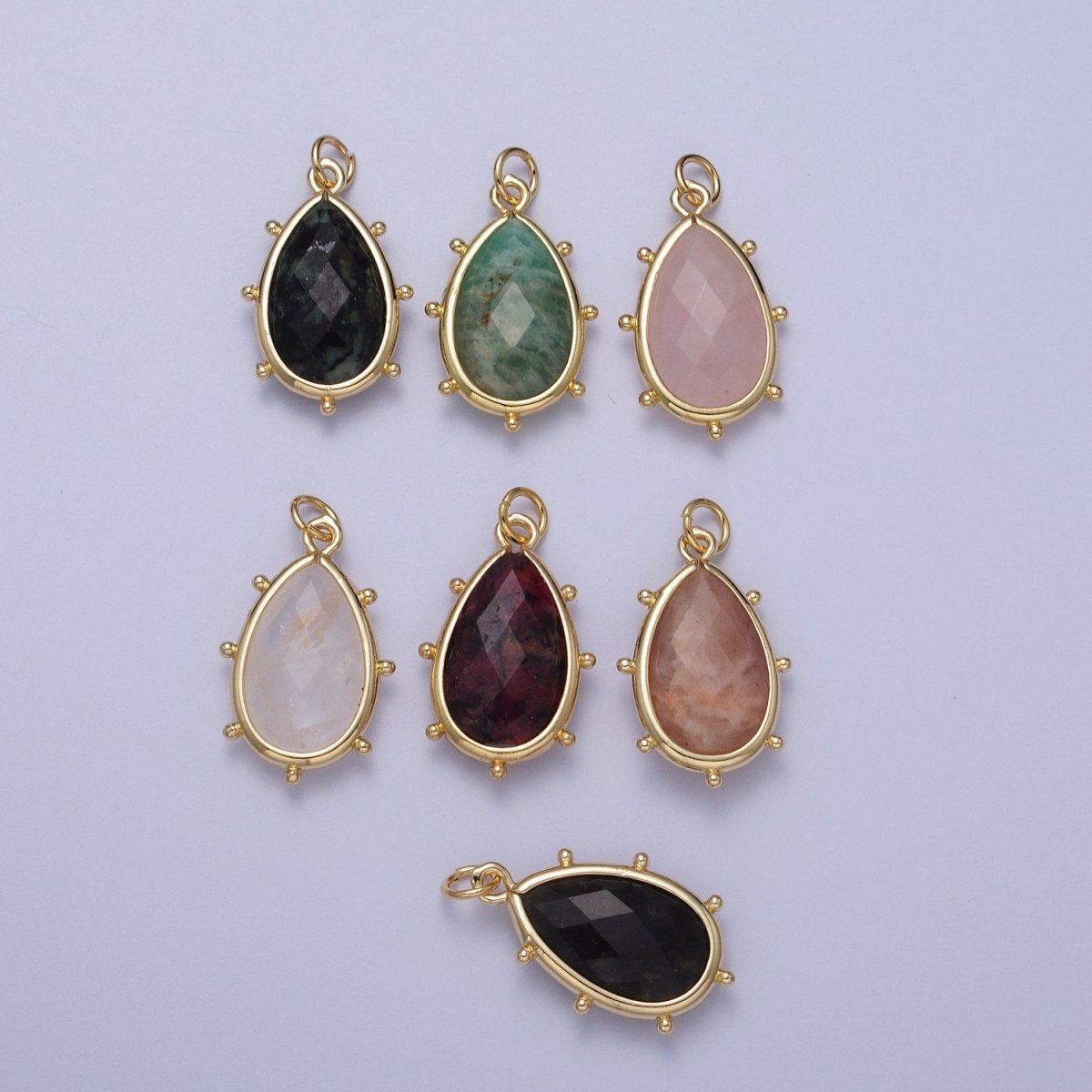 Multifaceted Chalcedony Natural Stone Teardrop Gold Charm C-040 C-045 C-052 C-067 C-081 C-101