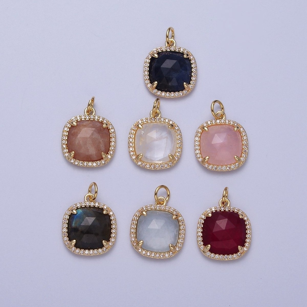 Multifaceted Natural Stone CZ Micro Pave Square Gold Charm   N-401  N-403