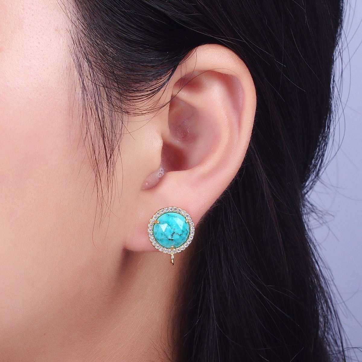 Multifaceted Round CZ Micro Paved Natural Stone Open Loop Stud Earrings Supply | K-084-K-086 K-092 K-094 K-095 K-098 K-099 K-120 K-146 K-169 K-181 - K-184