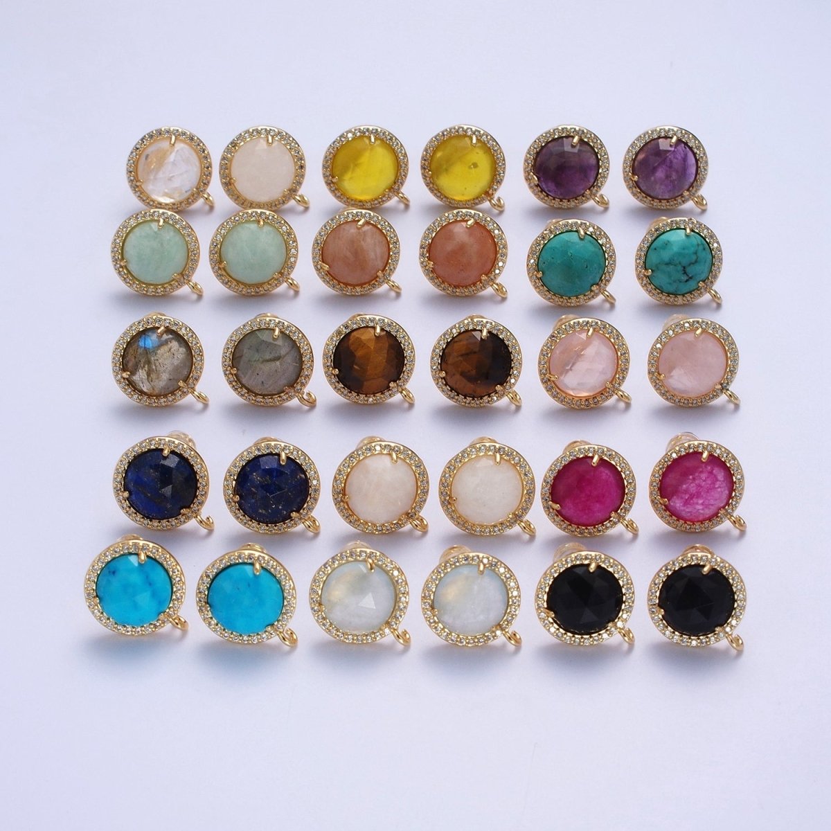 Multifaceted Round CZ Micro Paved Natural Stone Open Loop Stud Earrings Supply | K-084-K-086 K-092 K-094 K-095 K-098 K-099 K-120 K-146 K-169 K-181 - K-184