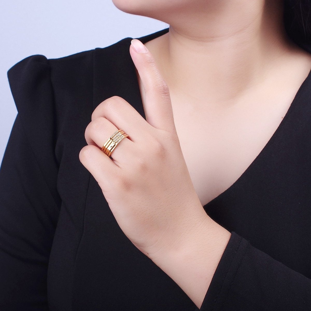 Multiple Band Clear Micro Pave Cubic Zirconia Wide Band Gold & Silver Adjustable Ring R-173 R-175